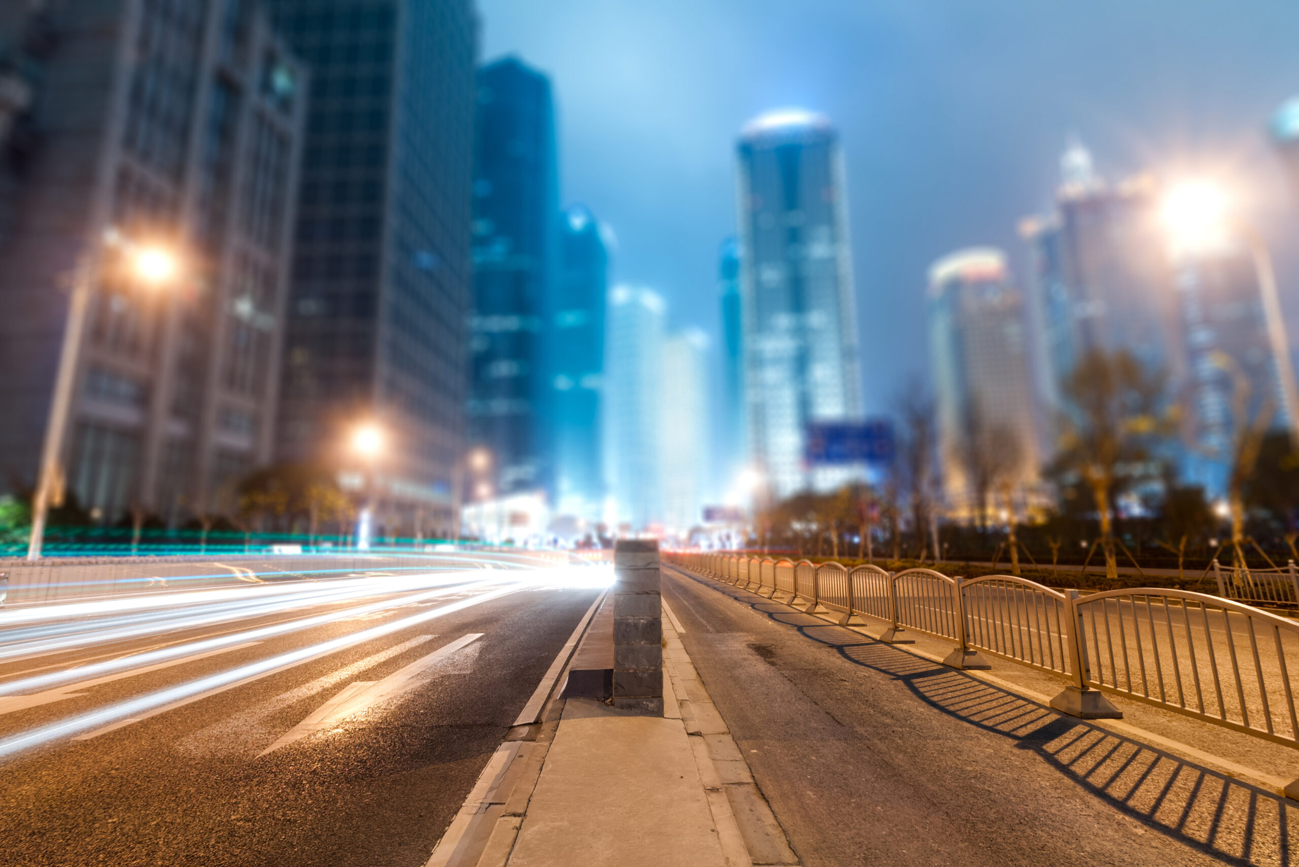 the light trails on the modern building background in shanghai china.